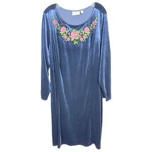 Quacker‎ Factory Plus Size 3X Dress Blue Velvet Embroidered Rhinestone Midi 465